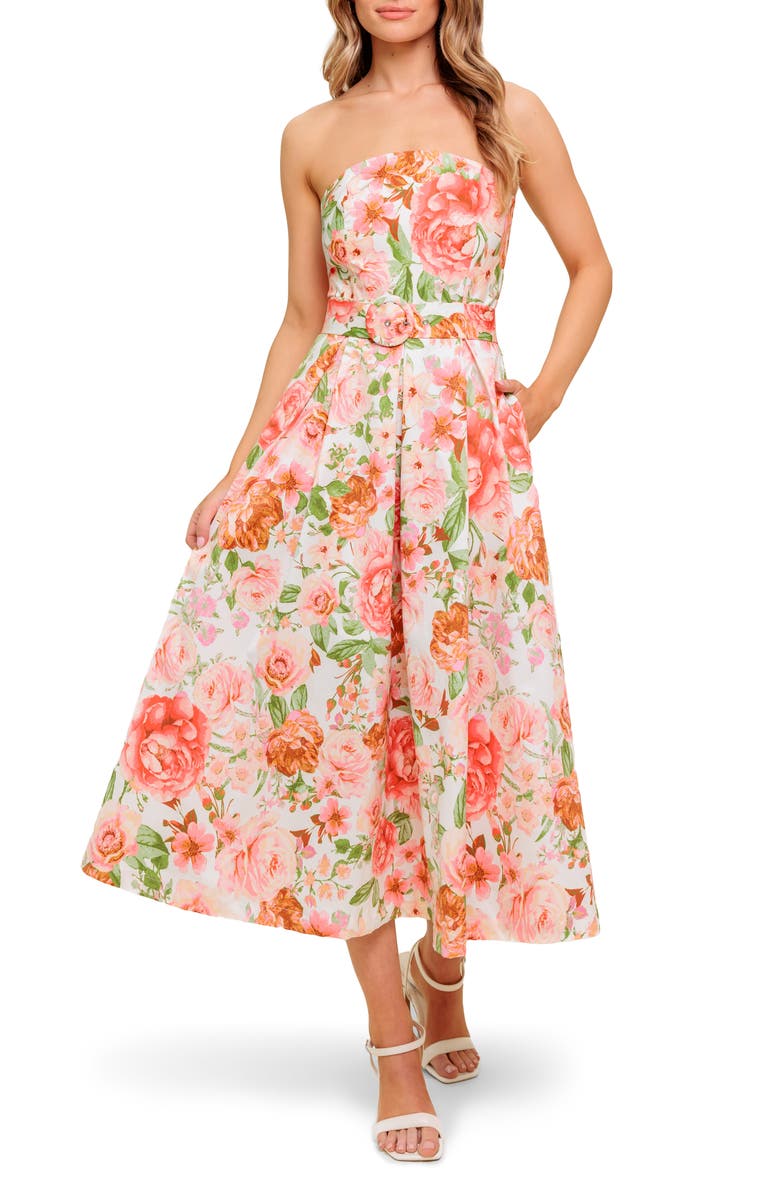 FLYING TOMATO Floral Strapless Midi Dress, Main, color, Ivory Pink