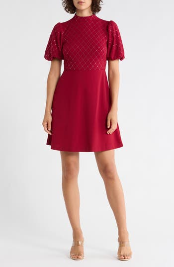 Eliza J Embellished Puff Sleeve Dress In Burgundy