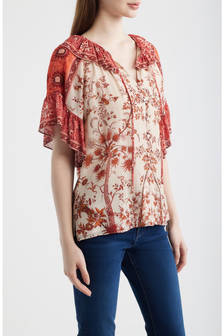 Verity Floral Print Flutter Sleeve Top, Alternate, color, BRIGHT CORAL MULTI