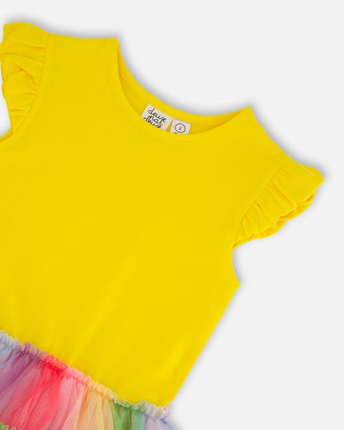 Deux Par Deux Girl's Short Sleeve Dress With Ruffle Tulle Skirt Multicolored In Multicolored