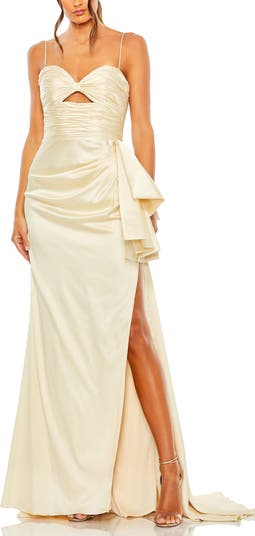 【Mac Duggal】White Strapless Satin Midi Dress 関税送料込 White Strapless Satin Midi Dress With Flower Print - Mac Duggal