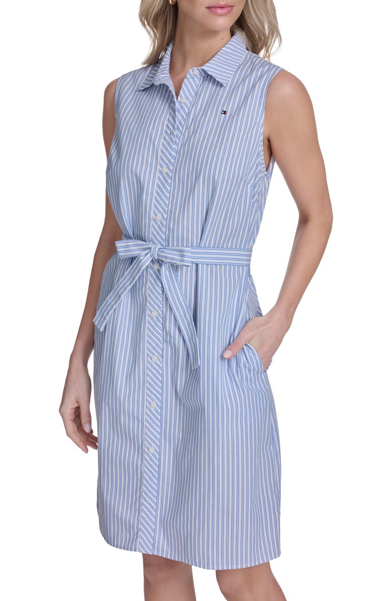 Tommy Hilfiger Sleeveless Cotton Shirtdress, Alternate, color, Bright White/ Marina Blue