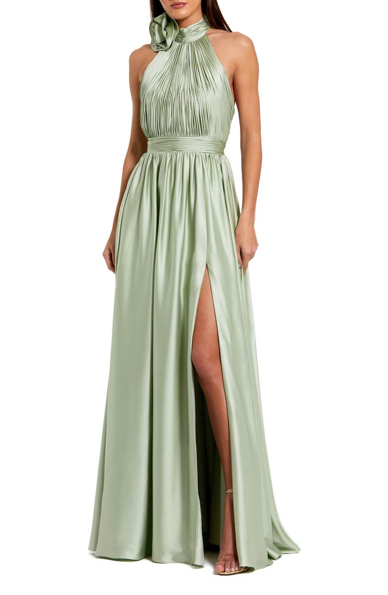 Mac Duggal Rosette Halter Chiffon Evening Gown, Main, color, Sage