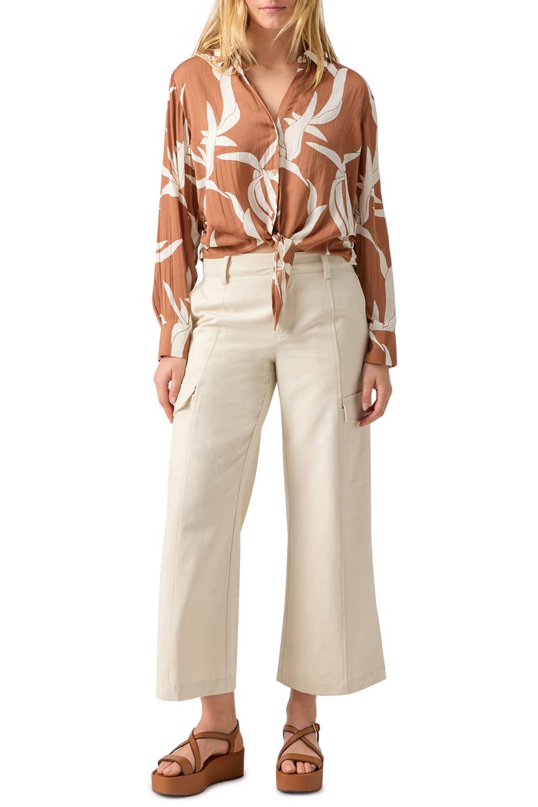 Lover Print Tie Hem Crop Sateen Shirt, Alternate, color, FIRST BLOOM