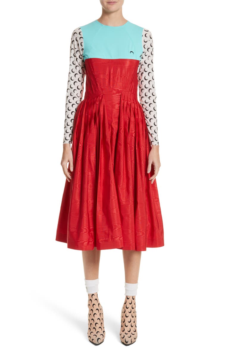 Hybrid Moiré Dress, Main, color, TURQUOISE/ RED