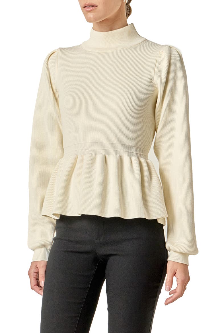 Mock Neck Peplum Rib Sweater, Alternate, color, OFF WHITE
