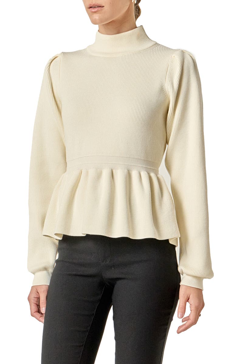 English Factory Mock Neck Peplum Rib Sweater, Alternate, color, Off White