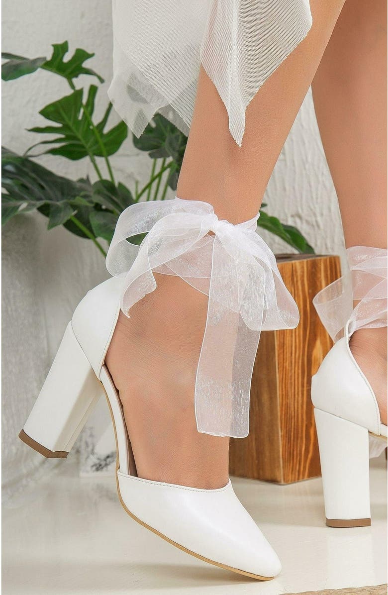 Forever & Always Shoes Gisele High Block Heels with Ribbon, Alternate, color, White