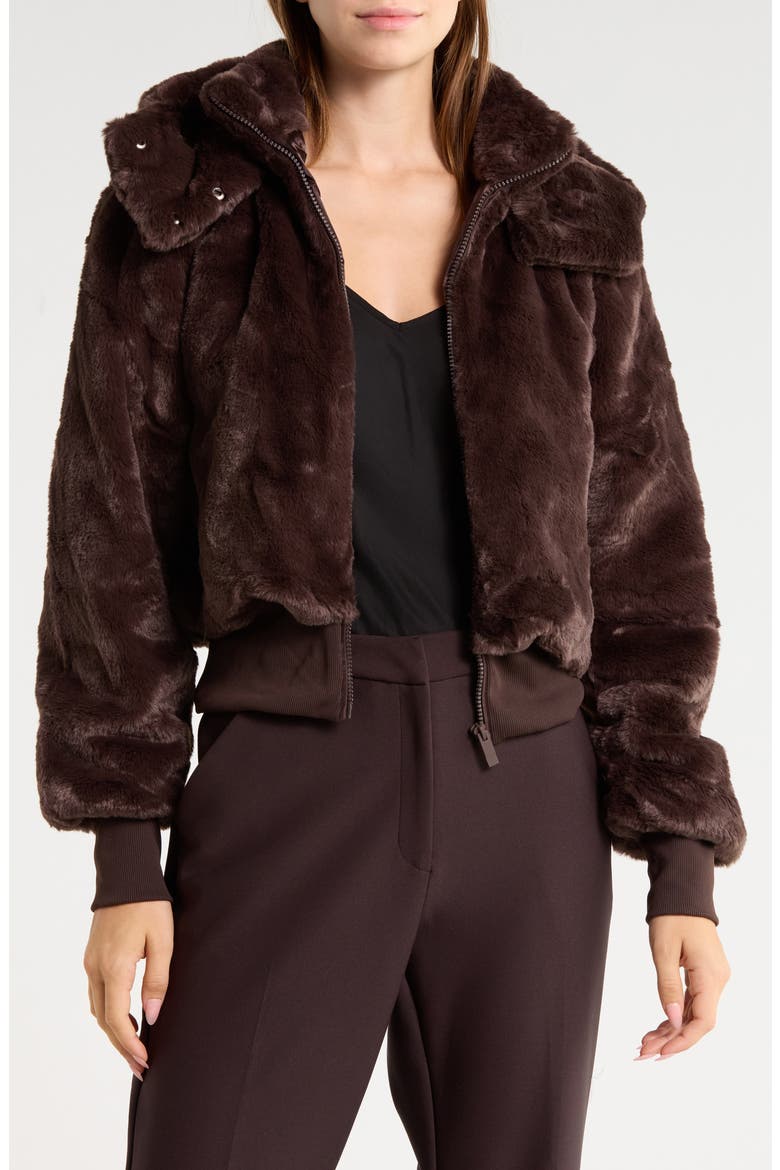 Hooded Faux Fur Jacket, Main, color, CHOCOLATE