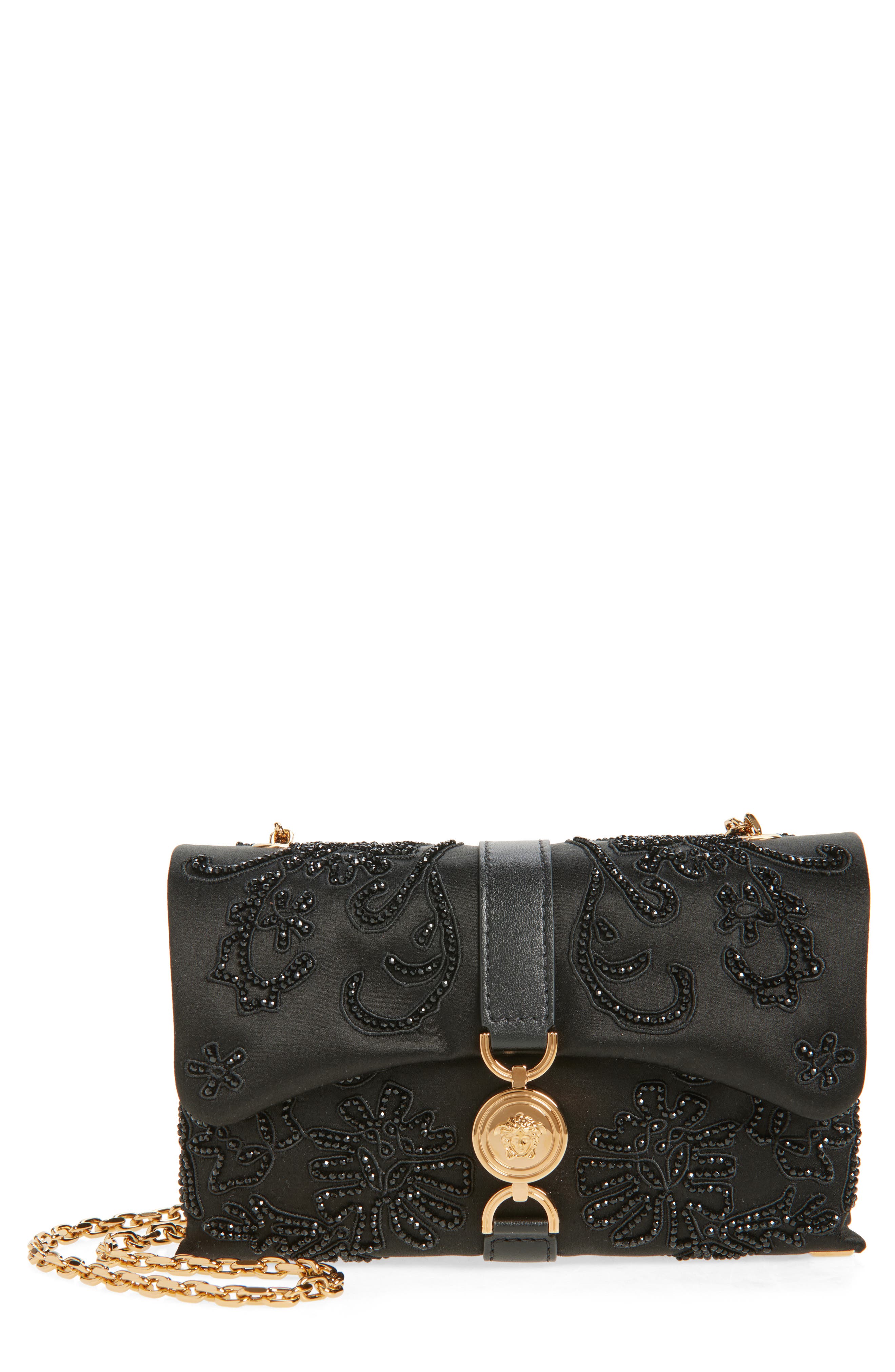 Versace Mini Kleio Embellished Satin Wallet on a Chain, Main, color, Black-Versace Gold