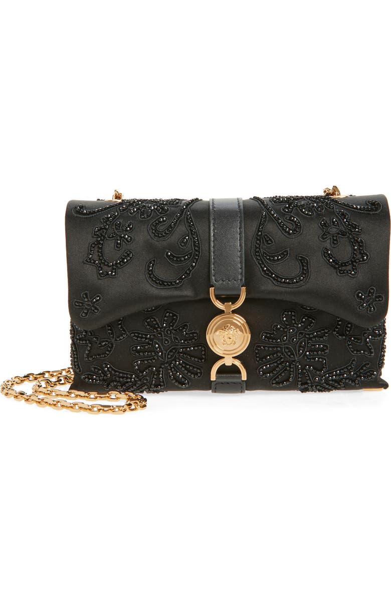 Versace Mini Kleio Embellished Satin Wallet on a Chain, Main, color, Black-Versace Gold