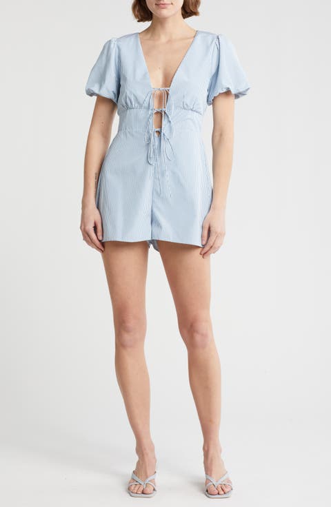 Plunge Tie Front Puff Sleeve Romper