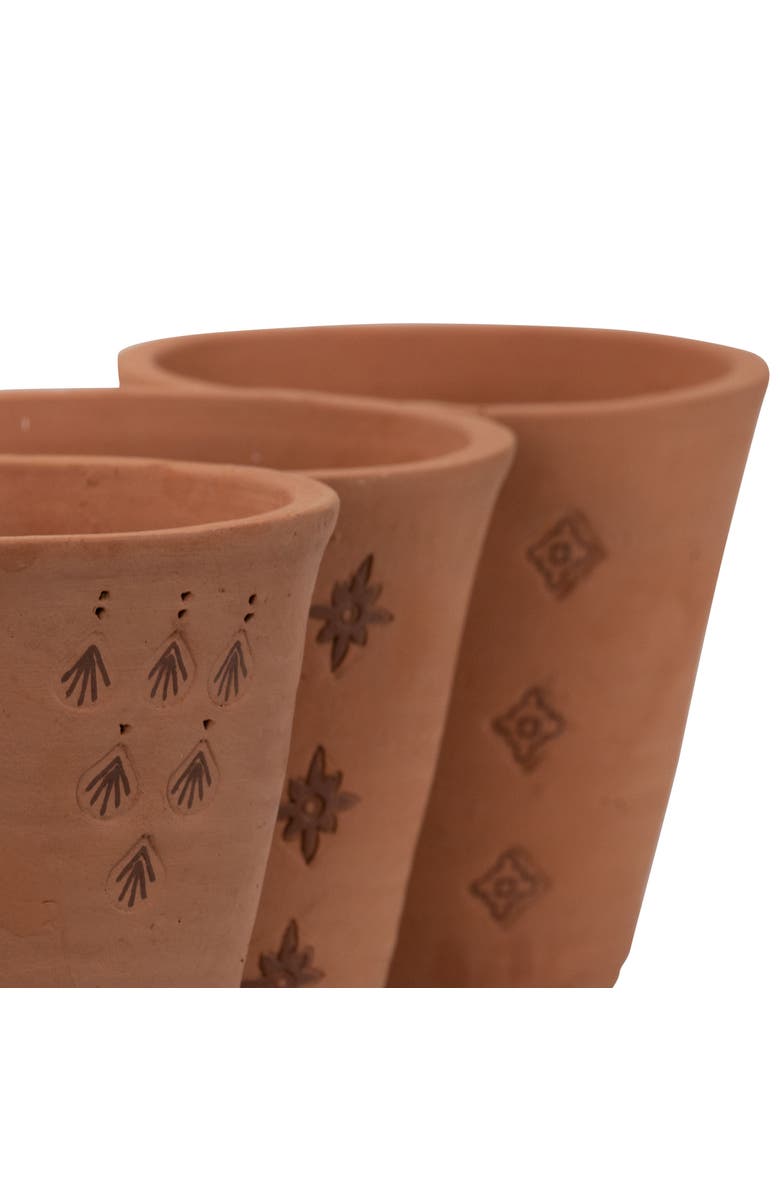 Foreside Home and Garden Set of 3 Natural Handthrown Terracotta Embossed Stamped Planters, Alternate, color, Brown