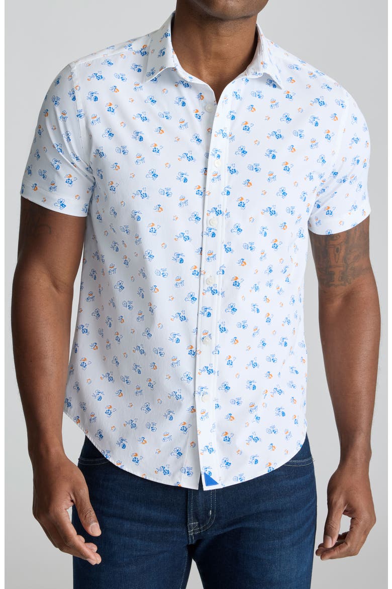 Opal Floral Short Sleeve Performance Button-Up Shirt, Main, color, WHITE BLUE