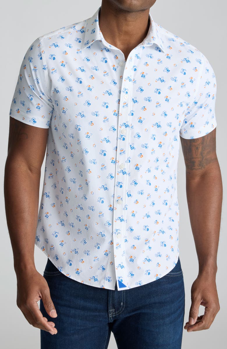 UNTUCKit Opal Floral Short Sleeve Performance Button-Up Shirt, Main, color, White Blue