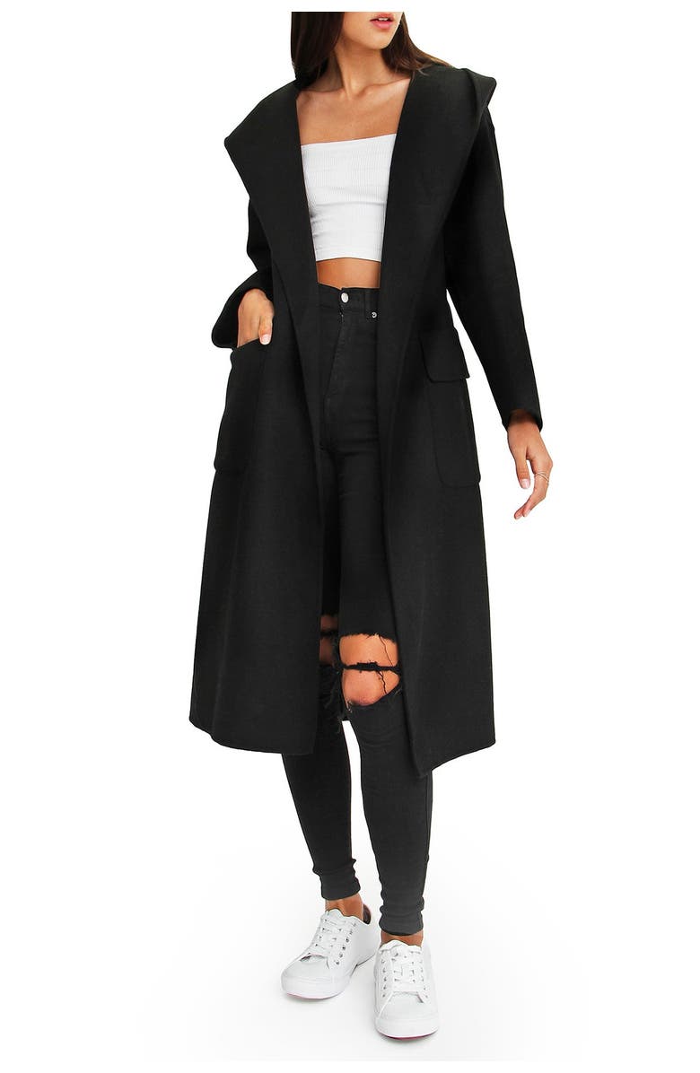 Belle & Bloom Runaway Wool Blend Robe Coat, Main, color, Black