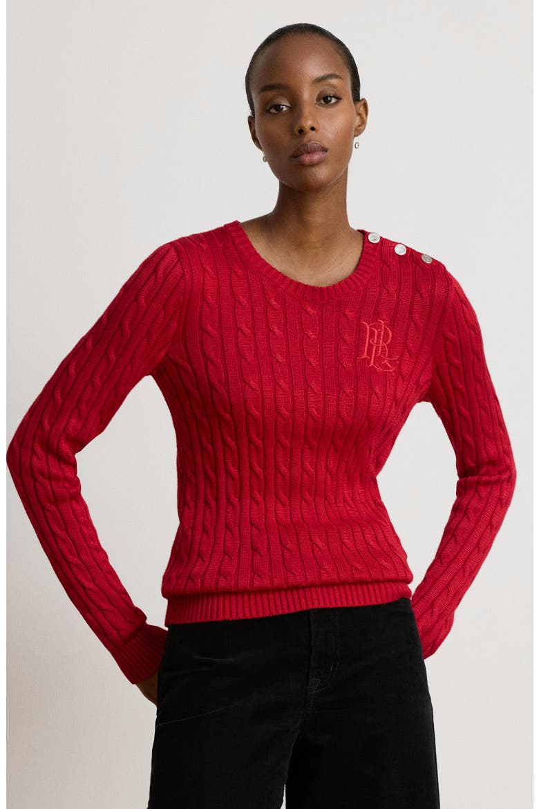 Button Trim Cable Knit Sweater, Alternate, color, RALPH RED