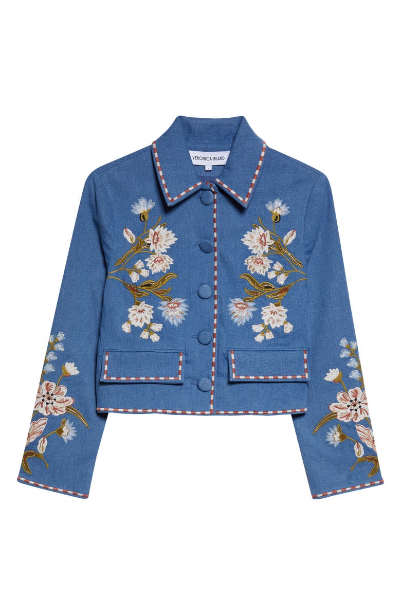 Veronica Beard Vikaria Floral Embroidery Stretch Cotton Jacket, Main, color, Sea Glare