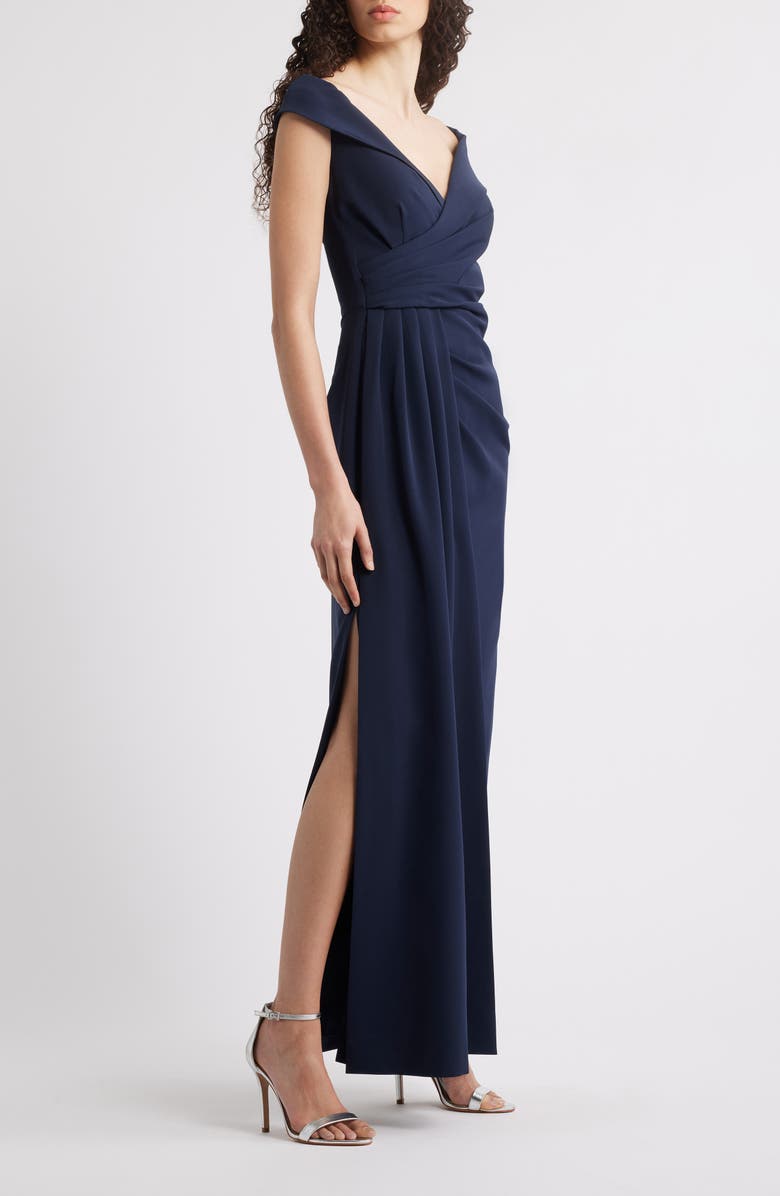 Eliza J Social Portrait Collar Laguna Crepe Gown, Alternate, color, Navy