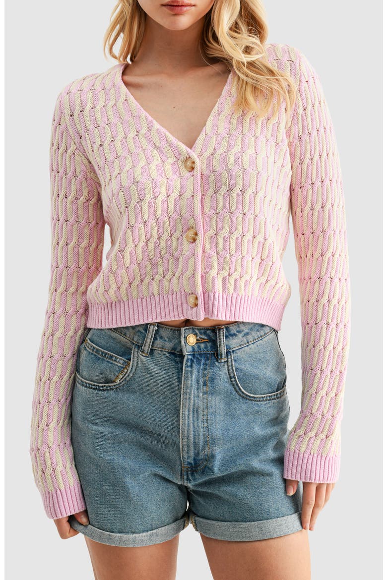 Cable Knit Contrast Cardigan, Main, color, PINK BUTTER
