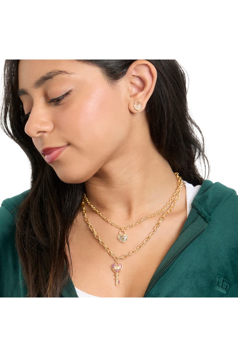 Key Charm Layered Necklace and Lock Earring Set, Alternate, color, Gold Tone