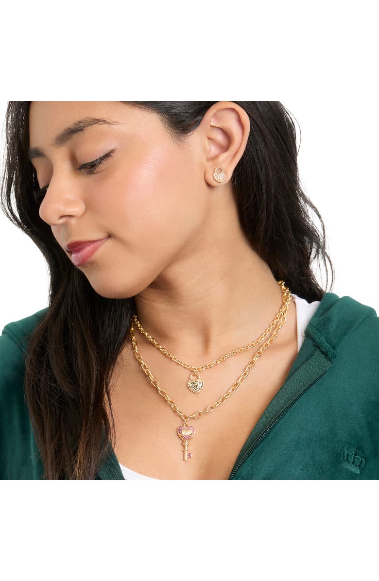 Juicy Couture Key Charm Layered Necklace and Lock Earring Set, Alternate, color, Gold Tone