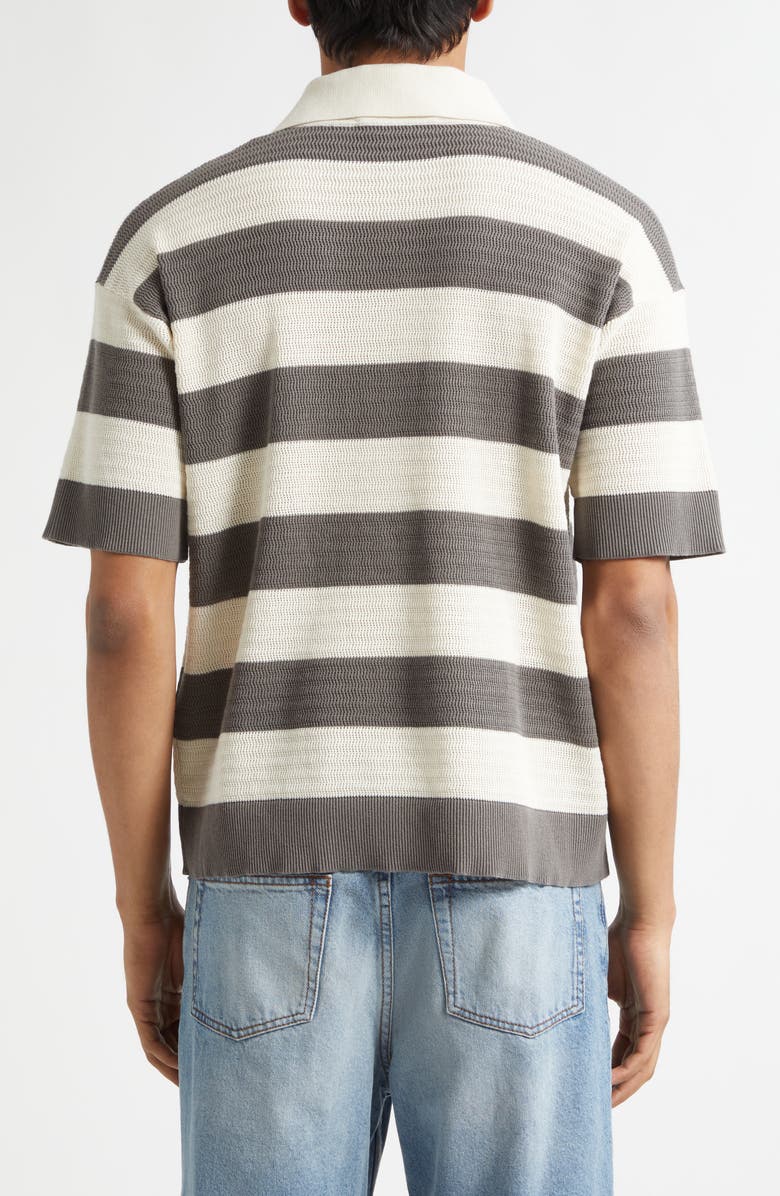 AMI PARIS Ami de Coeur Monogram Stripe Openwork Cotton Polo, Alternate, color, Blanc Creme/ Carbone