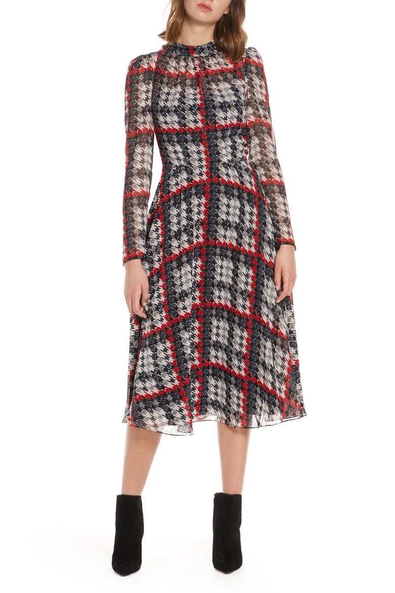 Long Sleeve Midi Dress, Main, color, BLACK/ RED