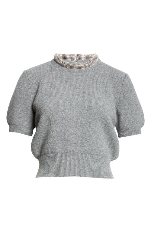 Alexander Wang Short Sleeve Crop Wool & Cashmere Sweater With Crystal Hotfix Tubular Collar In 010 Charcoal