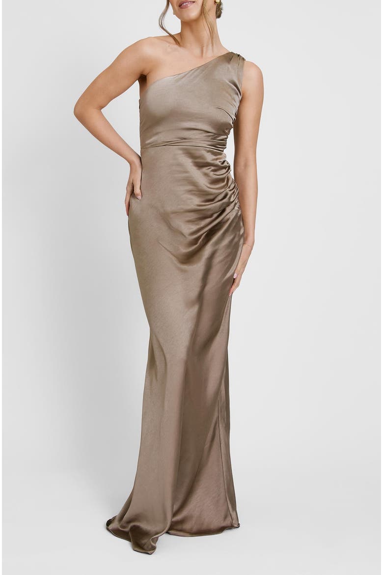 One Shoulder Gathered Bridesmaid Dress, Alternate, color, Truffle