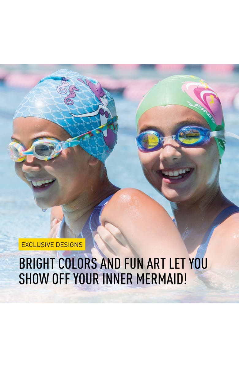 FINIS Mermaid Kids Swim Cap 100% Silicone Fun Prints Universal Fit Chlorine Protection, Alternate, color, Blue