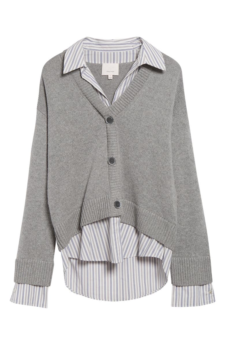 Cinq à Sept Megan Mixed Media Pullover Sweater, Alternate, color, Heather Grey/ Blue Stripe