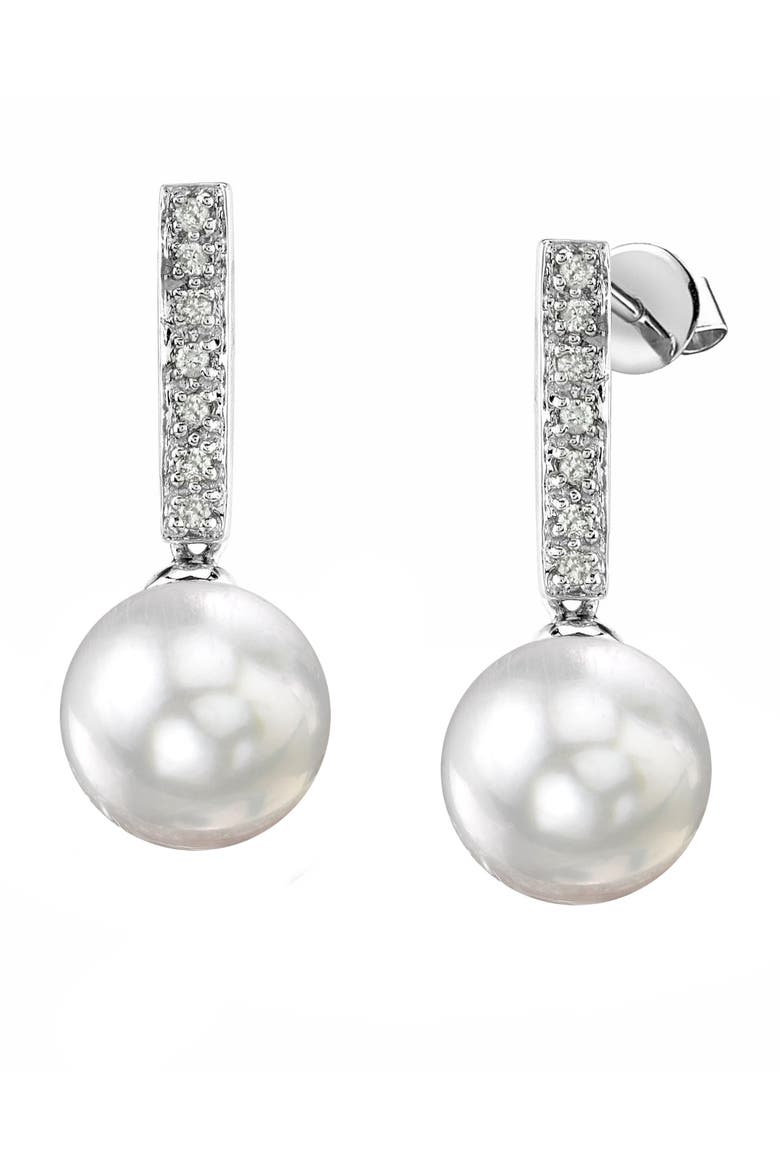 South Sea Pearl Dangling Diamond Earrings, Main, color, White Gold