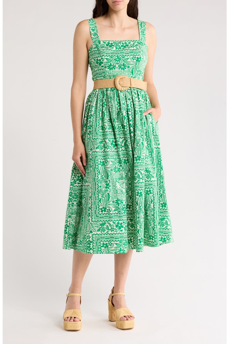 womens sleeveless midi dress Melodie Sleeveless Cotton Midi Dress, Blue Green Ikat / L