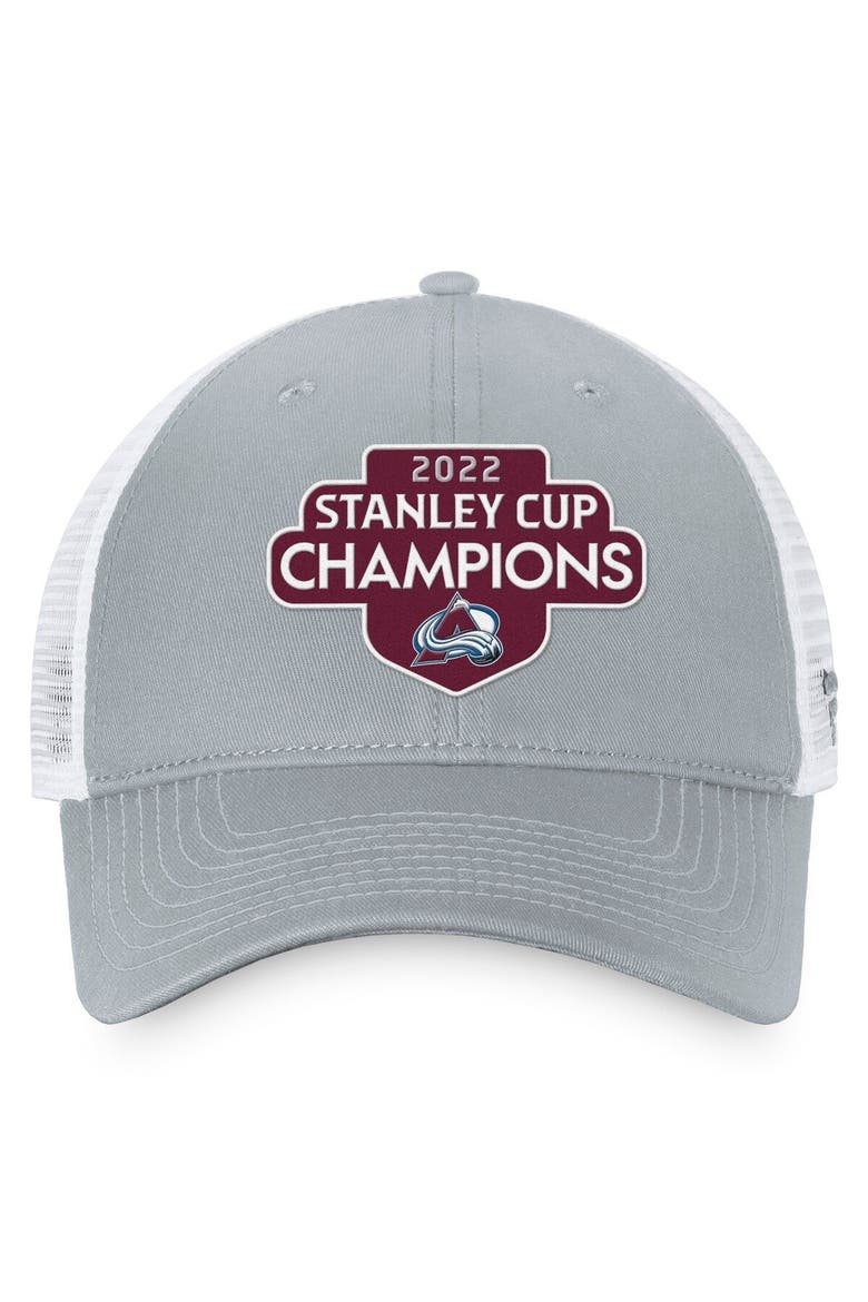 Men's Fanatics Branded Gray/White Colorado Avalanche 2022 Stanley Cup Champions Locker Room Trucker Adjustable Hat, Alternate, color, Gray