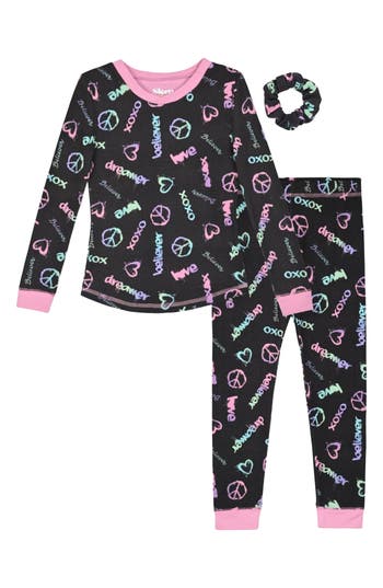 Sleep On It Kids' Tight Fit Long Pajamas & Scrunchie Set In Black