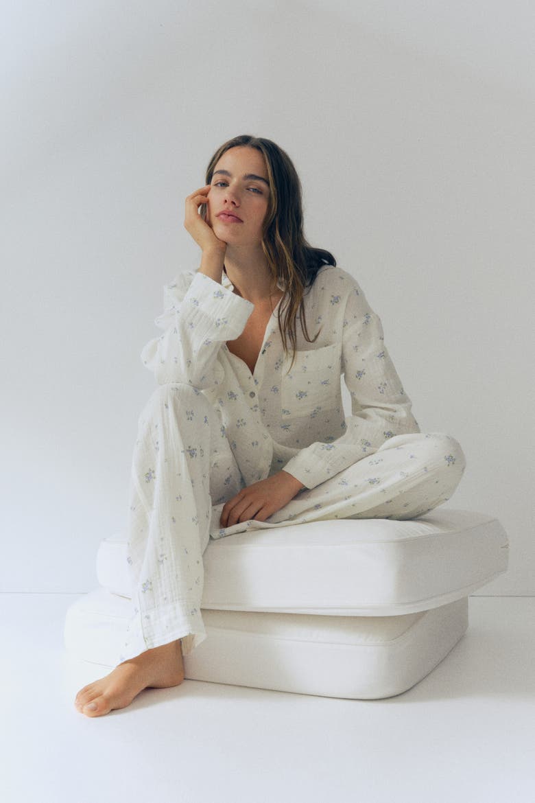 Cotton Muslin Pajamas, Main, color, Cream/floral