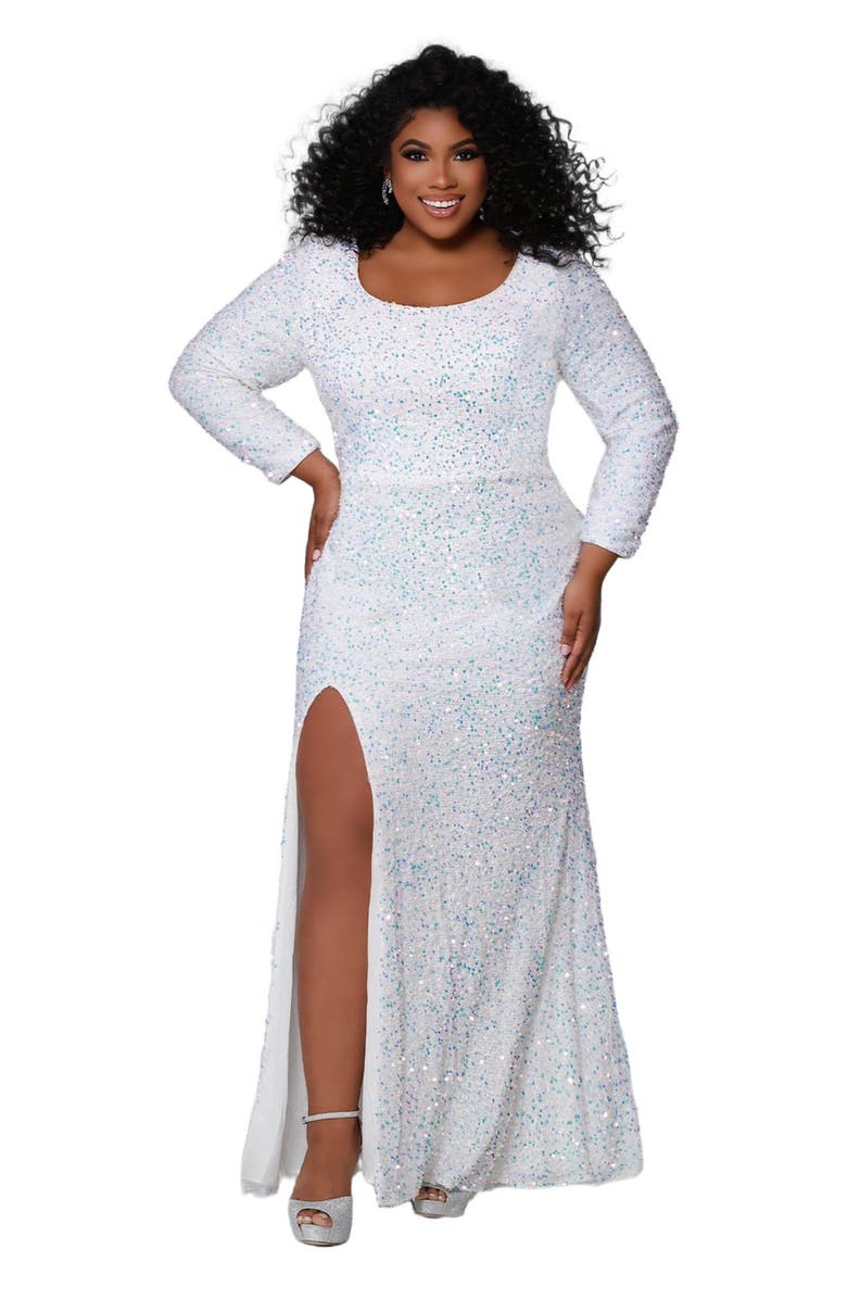 Sydney's Closet Long Sleeve Fitted Scoop Neck Sequin Plus Size Gown, Main, color, Pearlescent