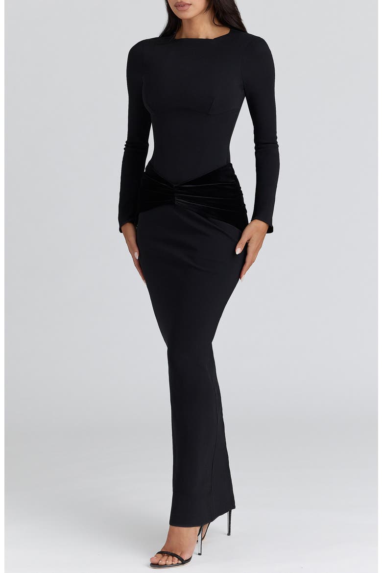 Athena Long Sleeve Stretch Crepe Gown, Alternate, color, BLACK