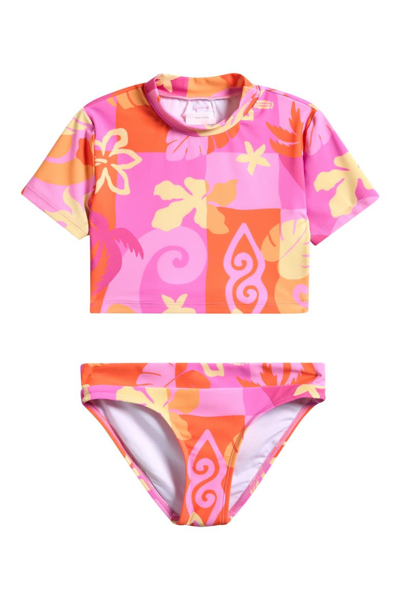 Kids' Tropical Dawn Short Sleeve Two-Piece Rashguard Swimsuit, Main, color, TANGERINE