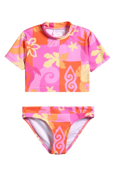 Kids' Tropical Dawn Short Sleeve Two-Piece Rashguard Swimsuit (Big Kid)