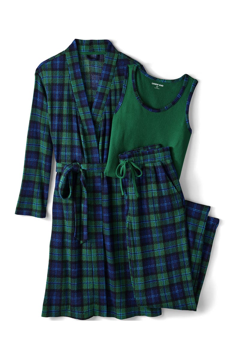 Lands' End Plus Size Brushed Cozy Waffle Jersey 3 Piece Pajama Set - Tank Top Pant and Robe, Alternate, color, Light Emerald Blackwatch