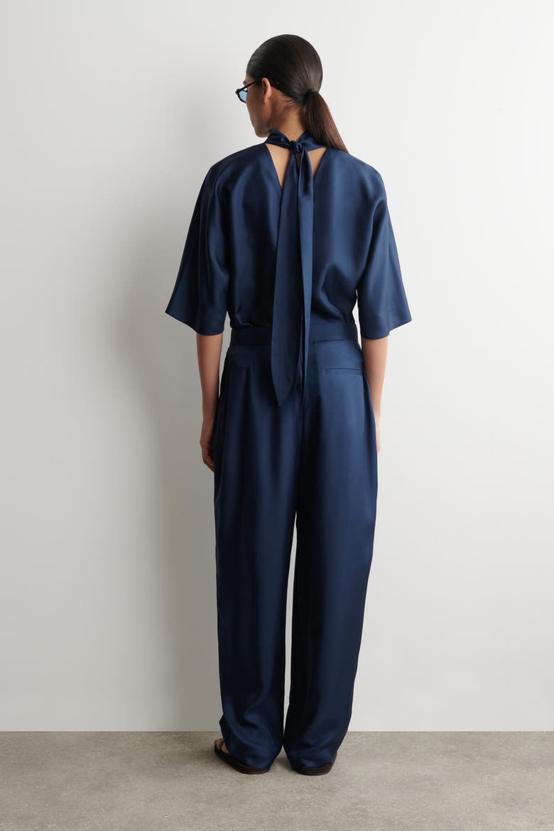 Draped Pleated Silk Straight-leg Pants, Alternate, color, NAVY
