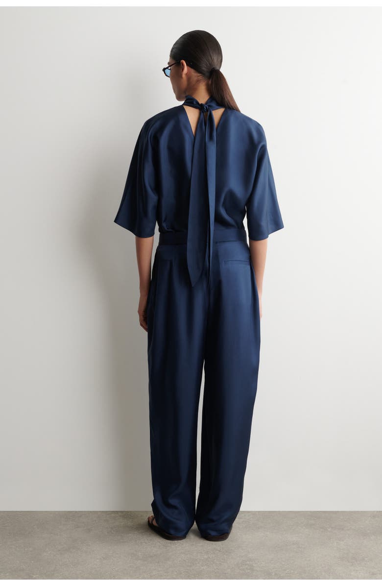 COS Draped Pleated Silk Straight-leg Trousers, Alternate, color, Navy