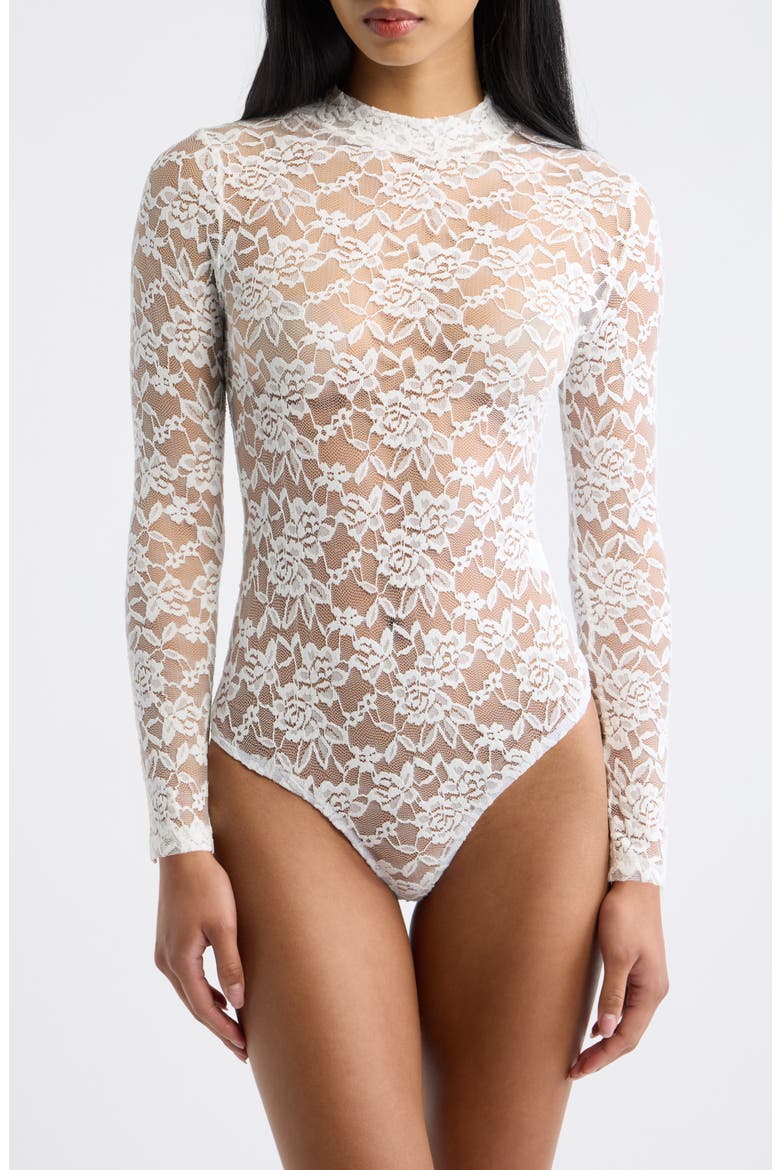 Mock Neck Sheer Lace Bodysuit, Alternate, color, WHITE
