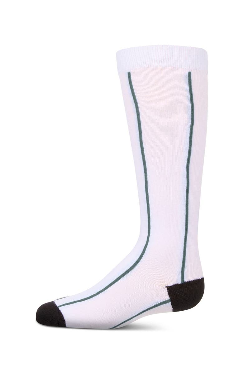 MeMoi Sporty Stretch Logo Vertical Stripe Knee Sock, Main, color, White