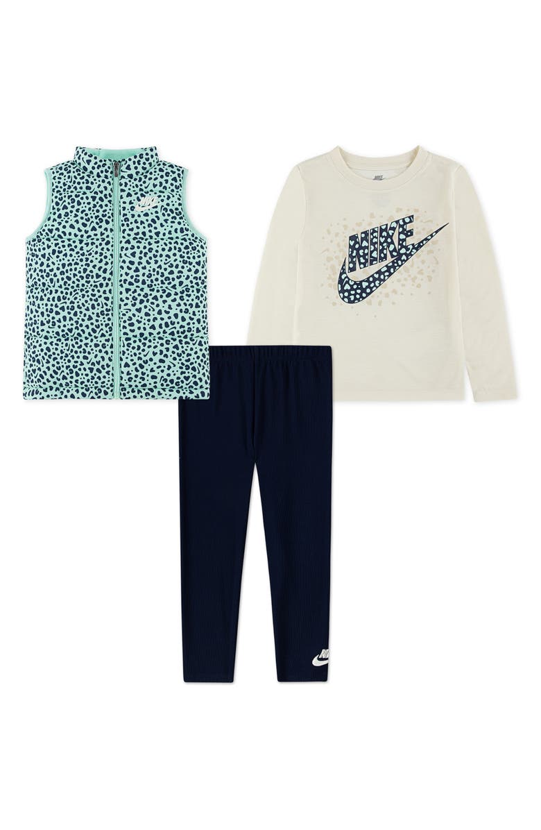 Nike Kids' Wild Warmth Long Sleeve T-Shirt, Quilted Vest & Leggings Set, Main, color, U90midnigh