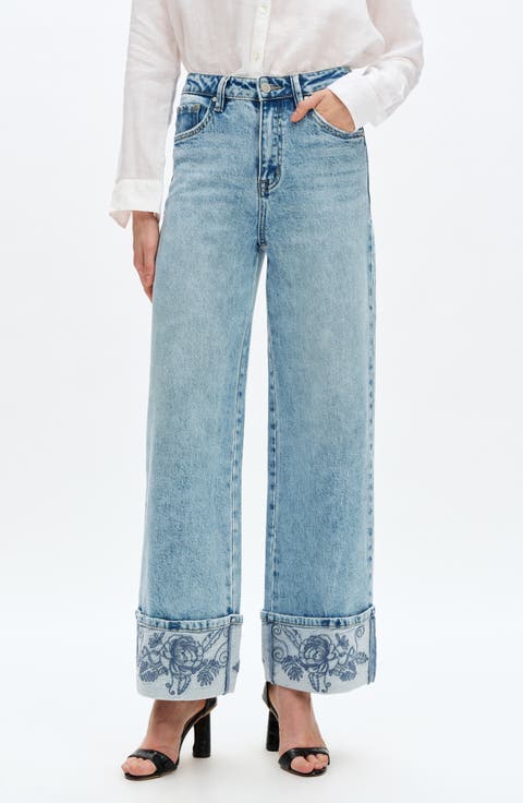 Flora Embroidered High Waist Cuffed Wide Leg Jeans