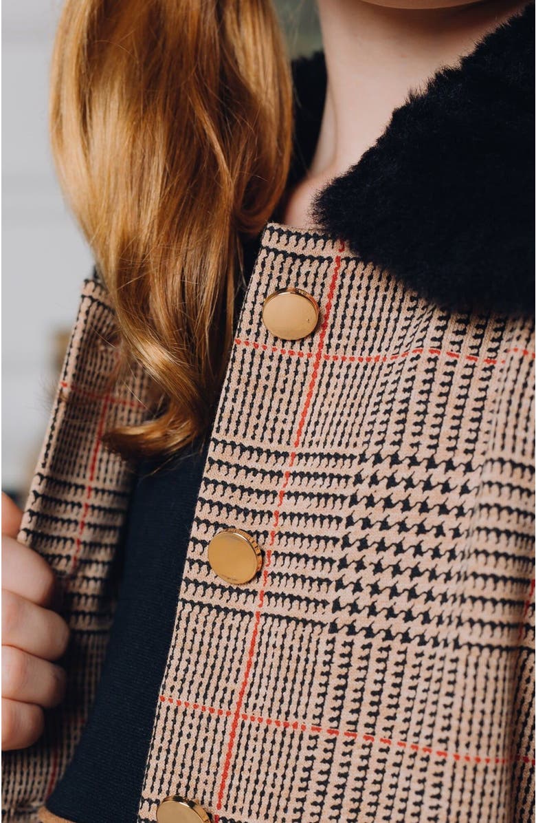 Hope & Henry Girls' Faux Fur Collar Fleece Coat, Kids, Alternate, color, Camel Glen Plaid