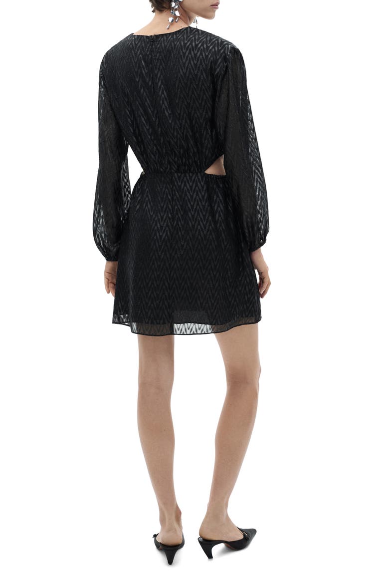 Metallic Long Sleeve Cutout Faux Wrap Dress, Alternate, color, BLACK
